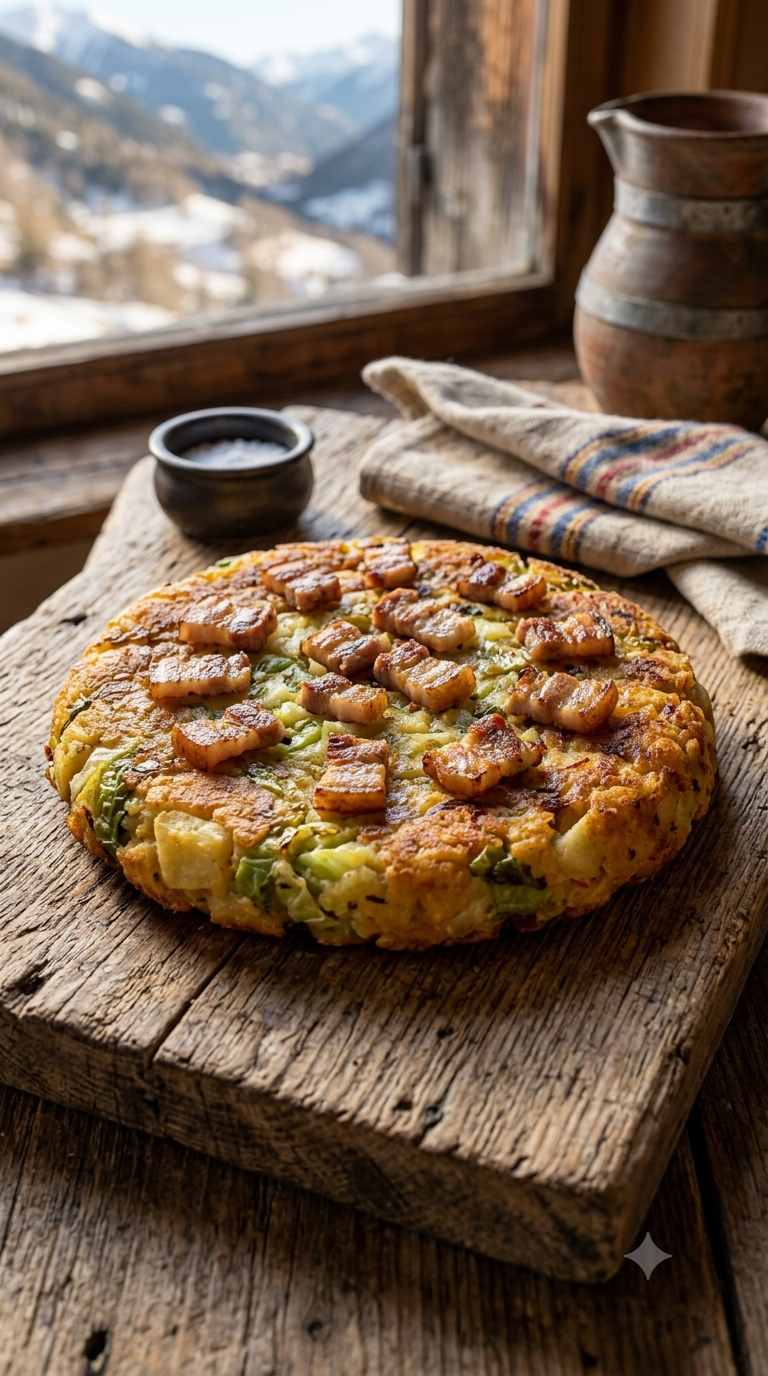 Galette de trinxat dorée et croustillante, chou et pommes de terre écrasés avec lard grillé