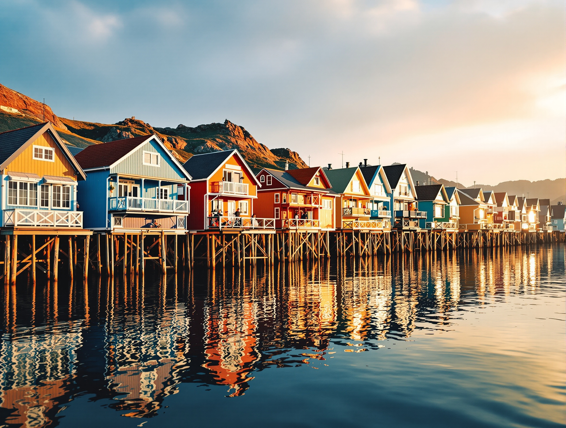 Maisons colorées sur pilotis de l'île de Chiloé se reflétant dans l'eau calme