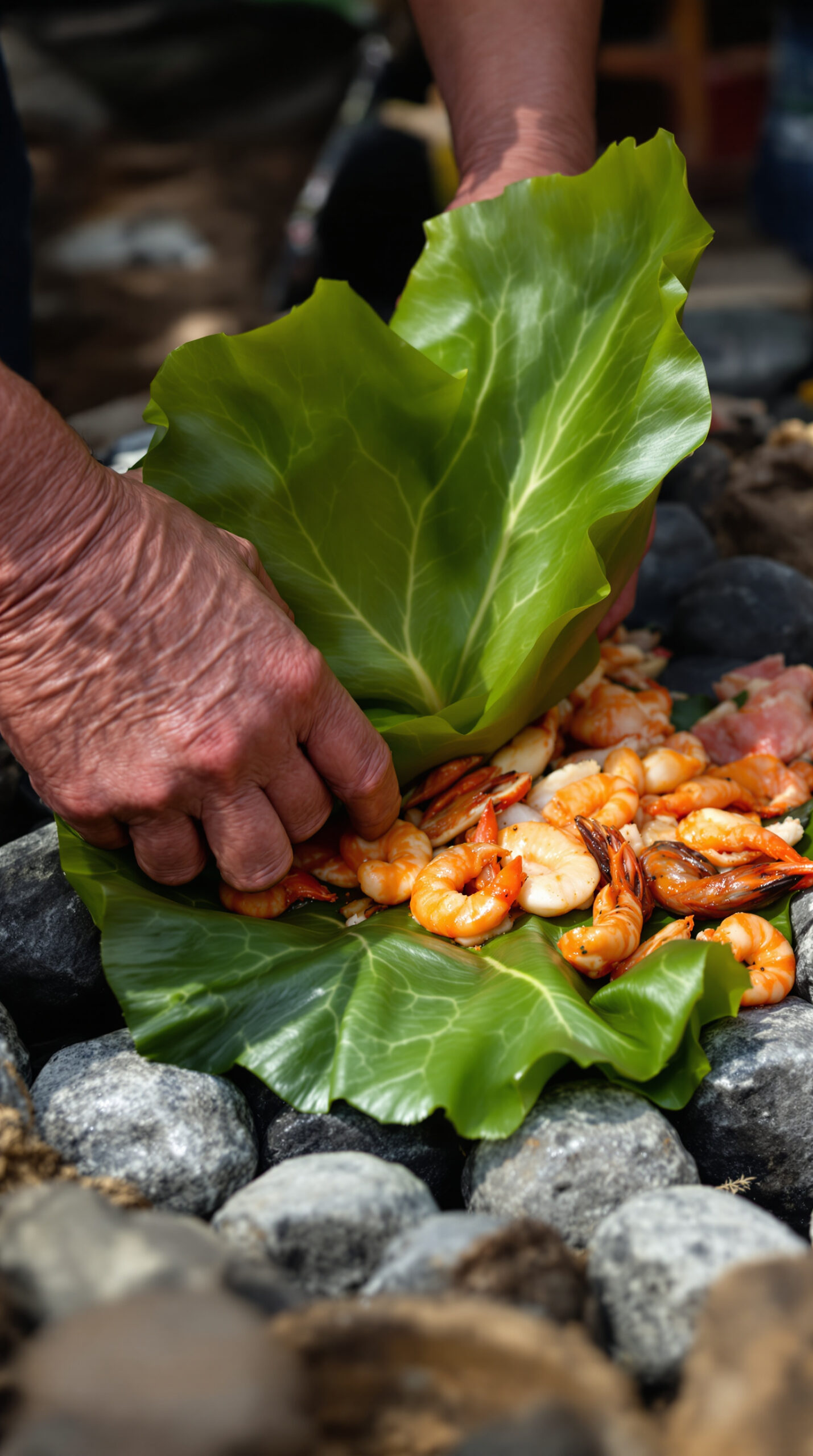 Mains disposant de larges feuilles de nalca sur des fruits de mer et des viandes dans une fosse