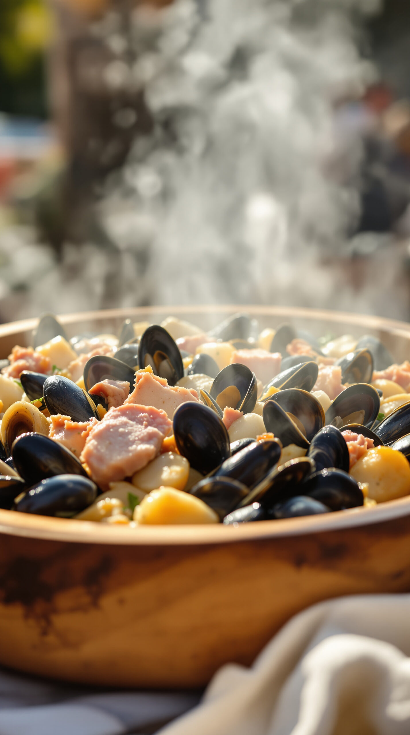 Grand plat en bois rempli de curanto fumant avec moules, palourdes, porc et pommes de terre