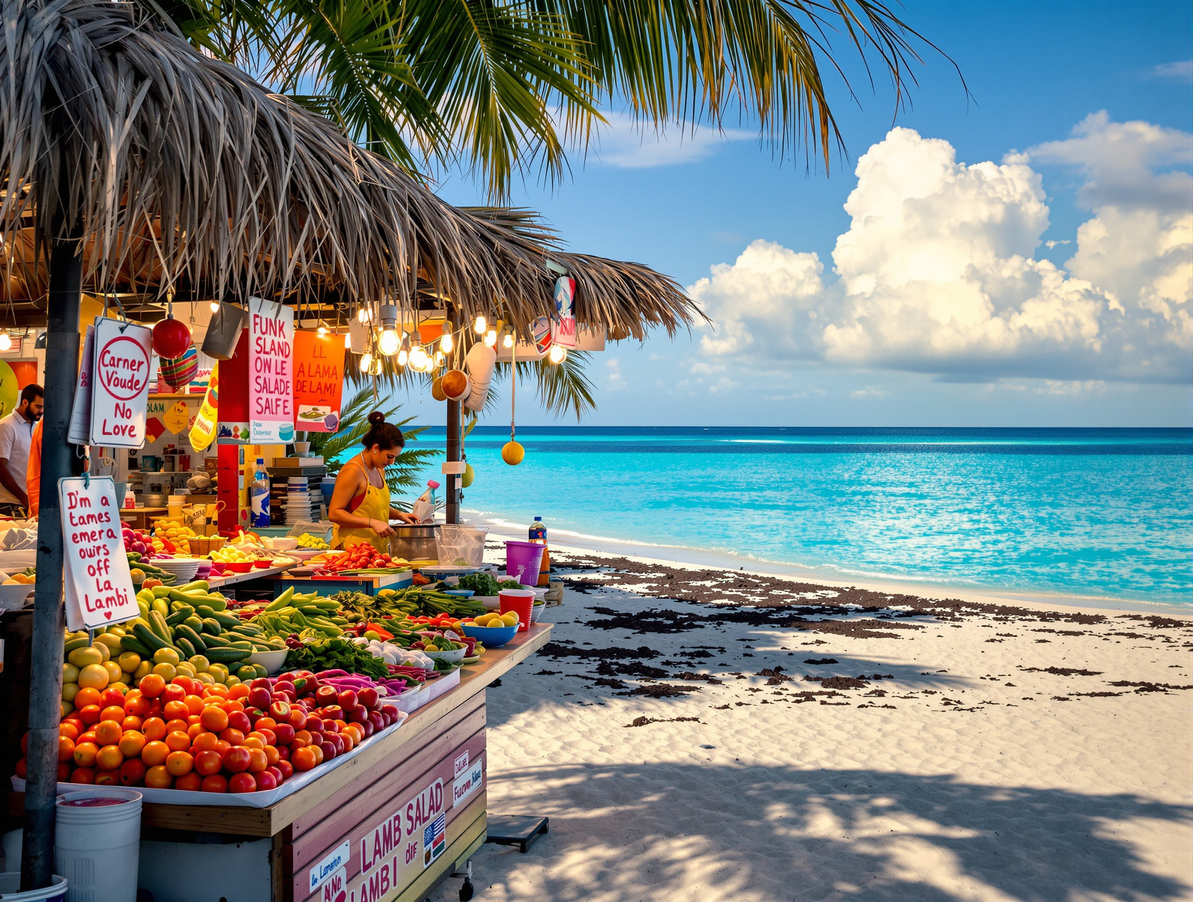 Stand de rue vendant de la salade de lambi en bord de plage à Nassau
