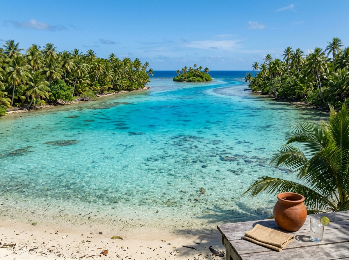 Lagon turquoise micronésien bordé de cocotiers avec petit îlot au loin