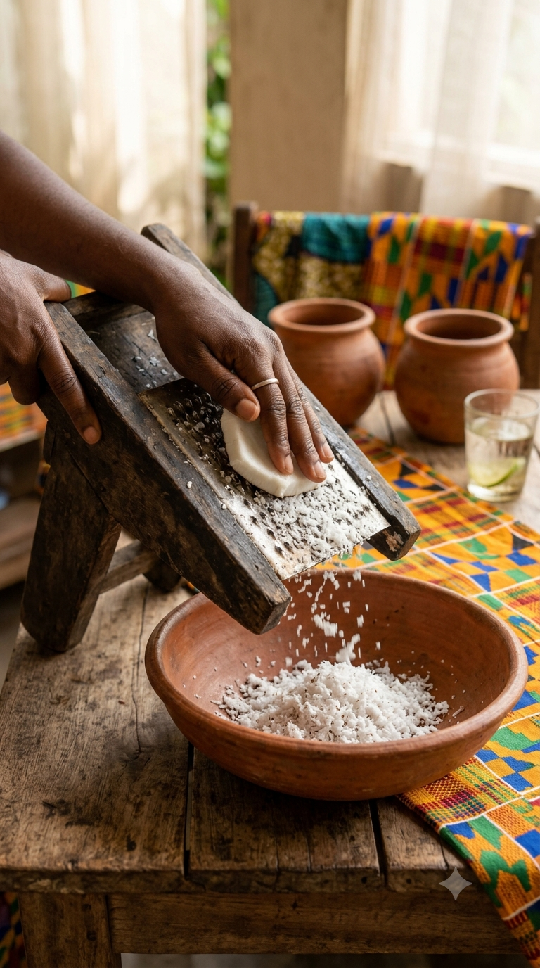 Mains râpant de la chair de noix de coco fraîche à l'aide d'une râpe traditionnelle en bois