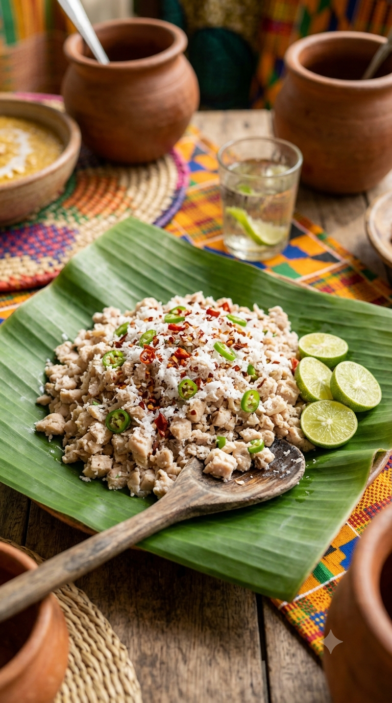 Kelaguen de poulet émincé, mélangé à de la noix de coco râpée, servi sur une feuille de bananier