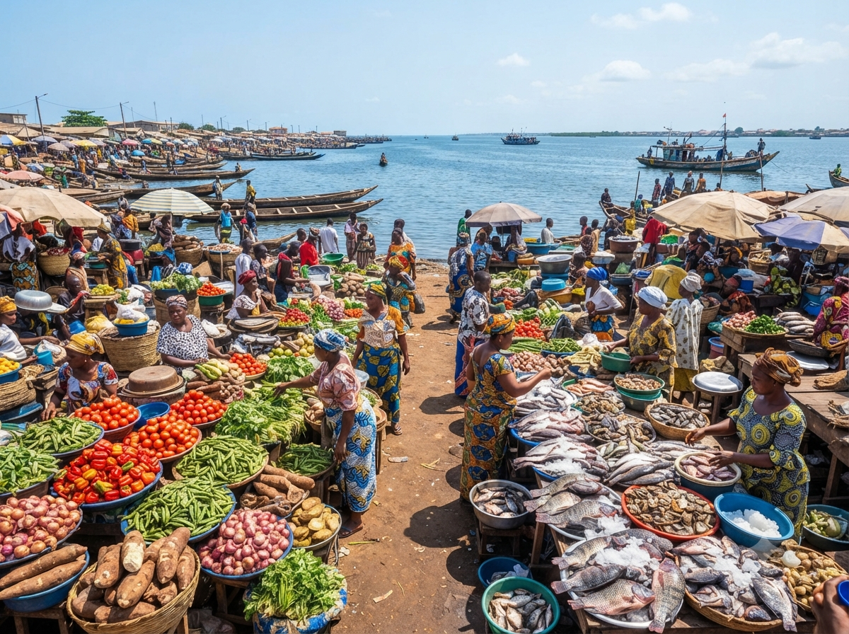 Marché coloré de Cotonou avec étals de légumes et de poissons frais en bord de lagune