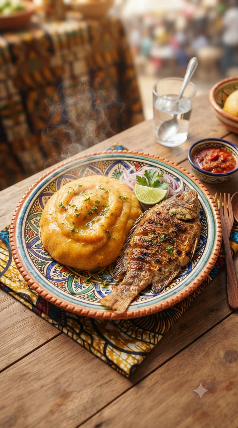 Assiette d'amiwo fumant, pâte de maïs orangée onctueuse accompagnée d'un morceau de poisson grillé