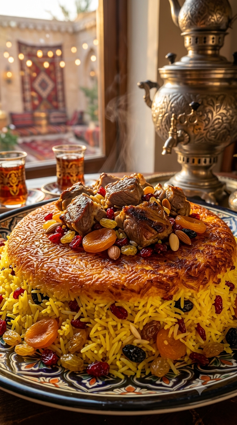 Plov safrané renversé sur un plat avec croûte dorée et croustillante au sommet, riz jaune et agneau
