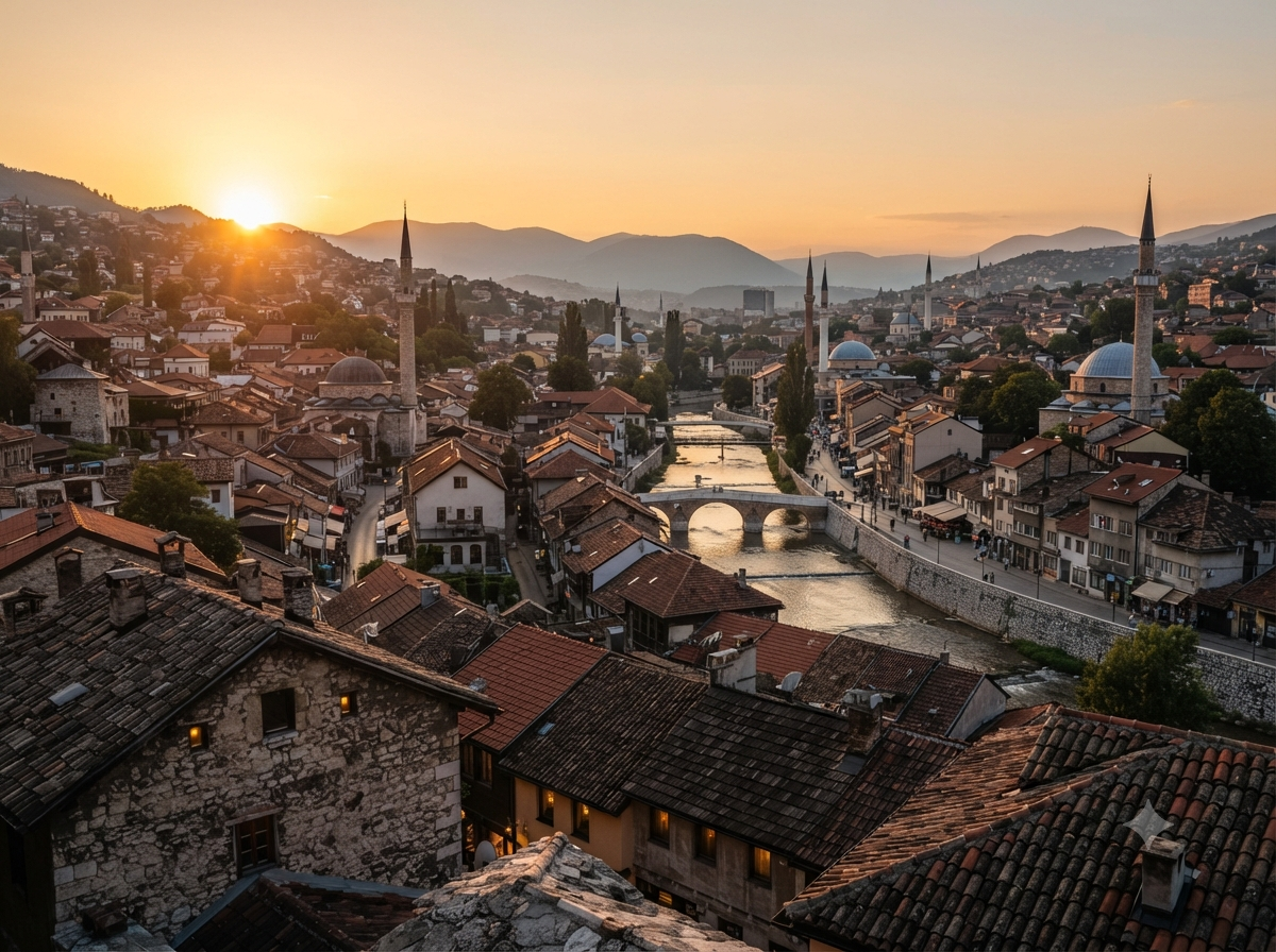 Vieille ville de Sarajevo au coucher du soleil avec toits traditionnels et minarets
