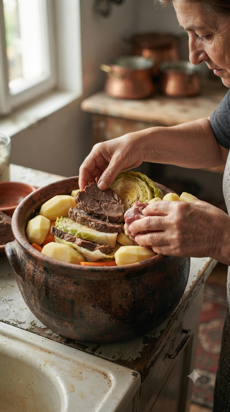 Mains disposant des couches alternées de viande, de chou et de pommes de terre dans une marmite