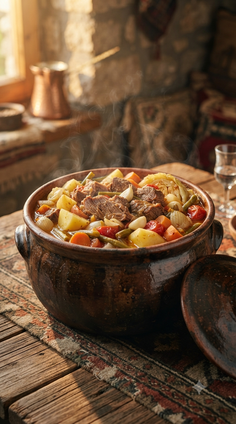 Marmite en terre cuite traditionnelle remplie de bosanski lonac fumant avec couches de viandes et légumes
