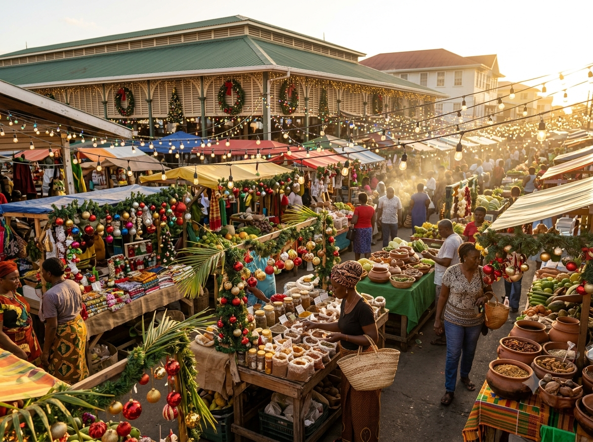 Marché coloré de Georgetown en période de Noël avec étals décorés et guirlandes lumineuses