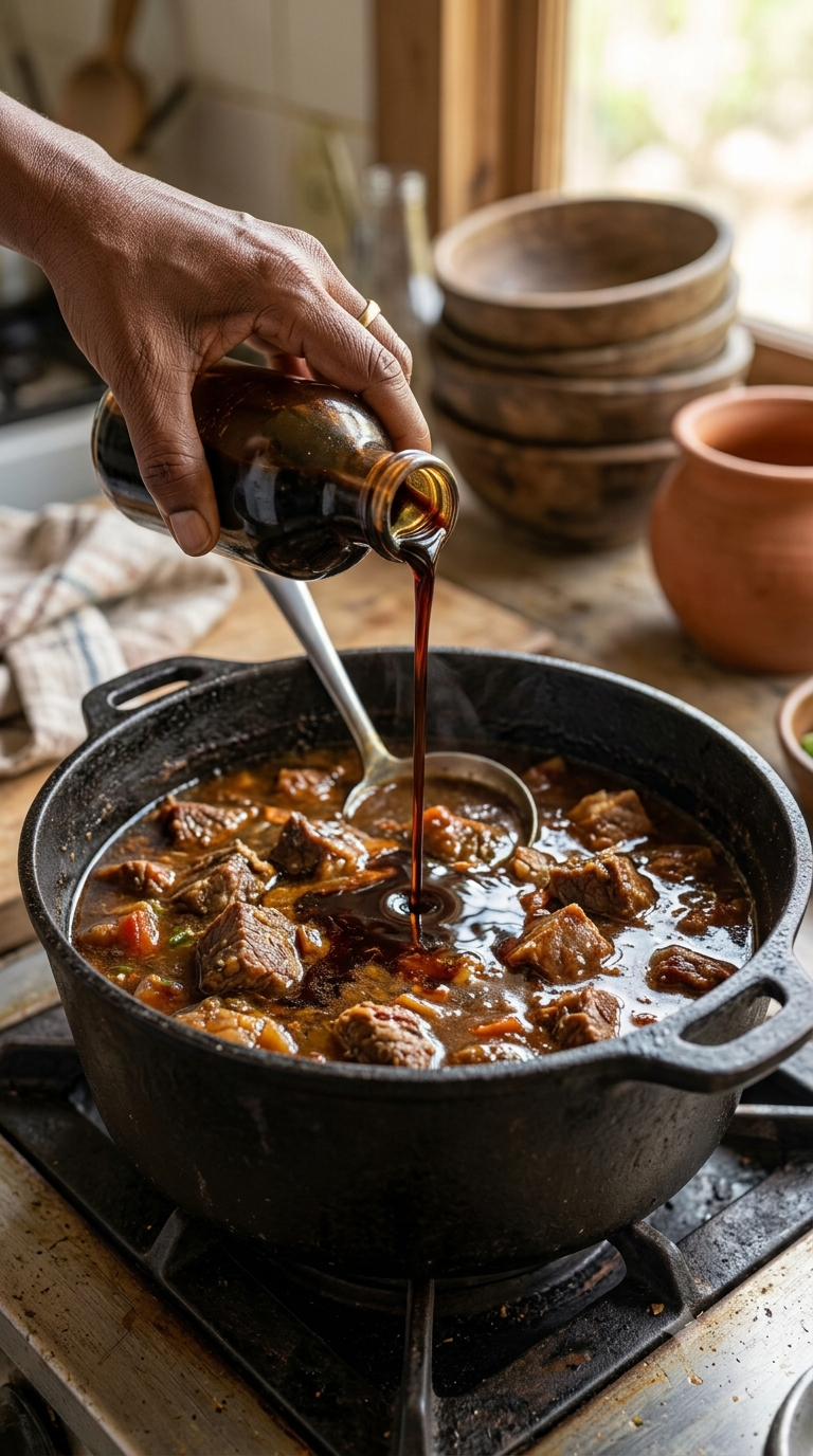 Main versant du cassareep sombre et sirupeux dans une marmite de viande mijotée
