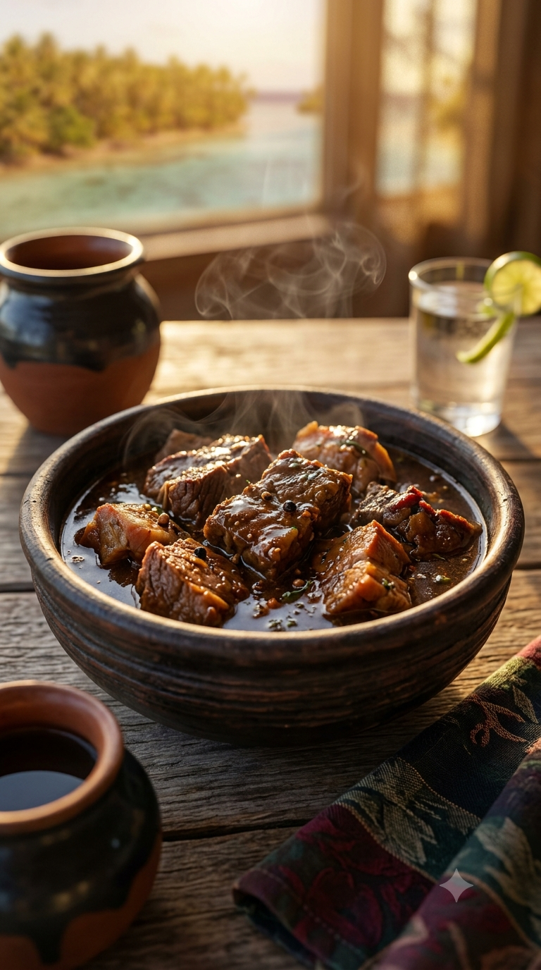 Bol de pepperpot fumant, sauce cassareep sombre et brillante enrobant plusieurs morceaux de viande