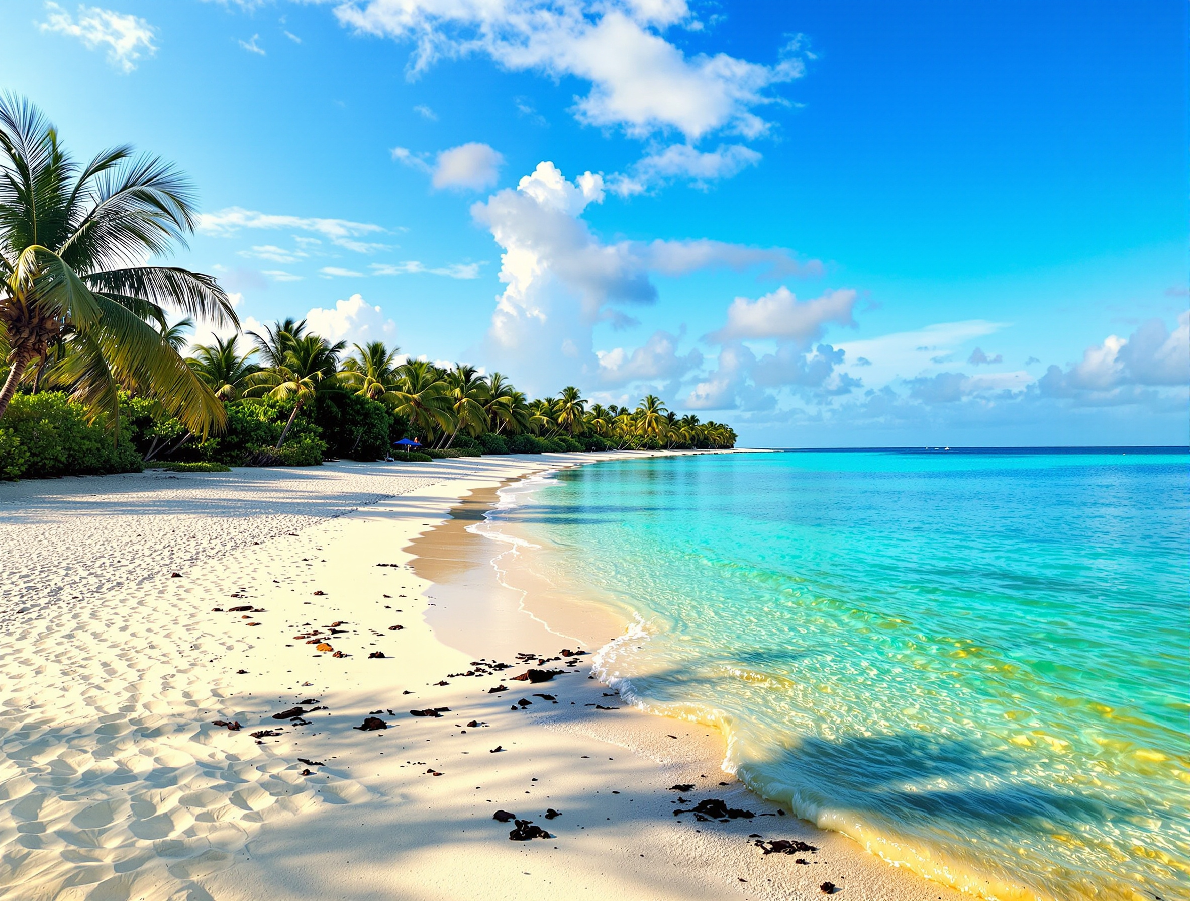 Plage du Belize bordée de palmiers avec eau turquoise du récif corallien