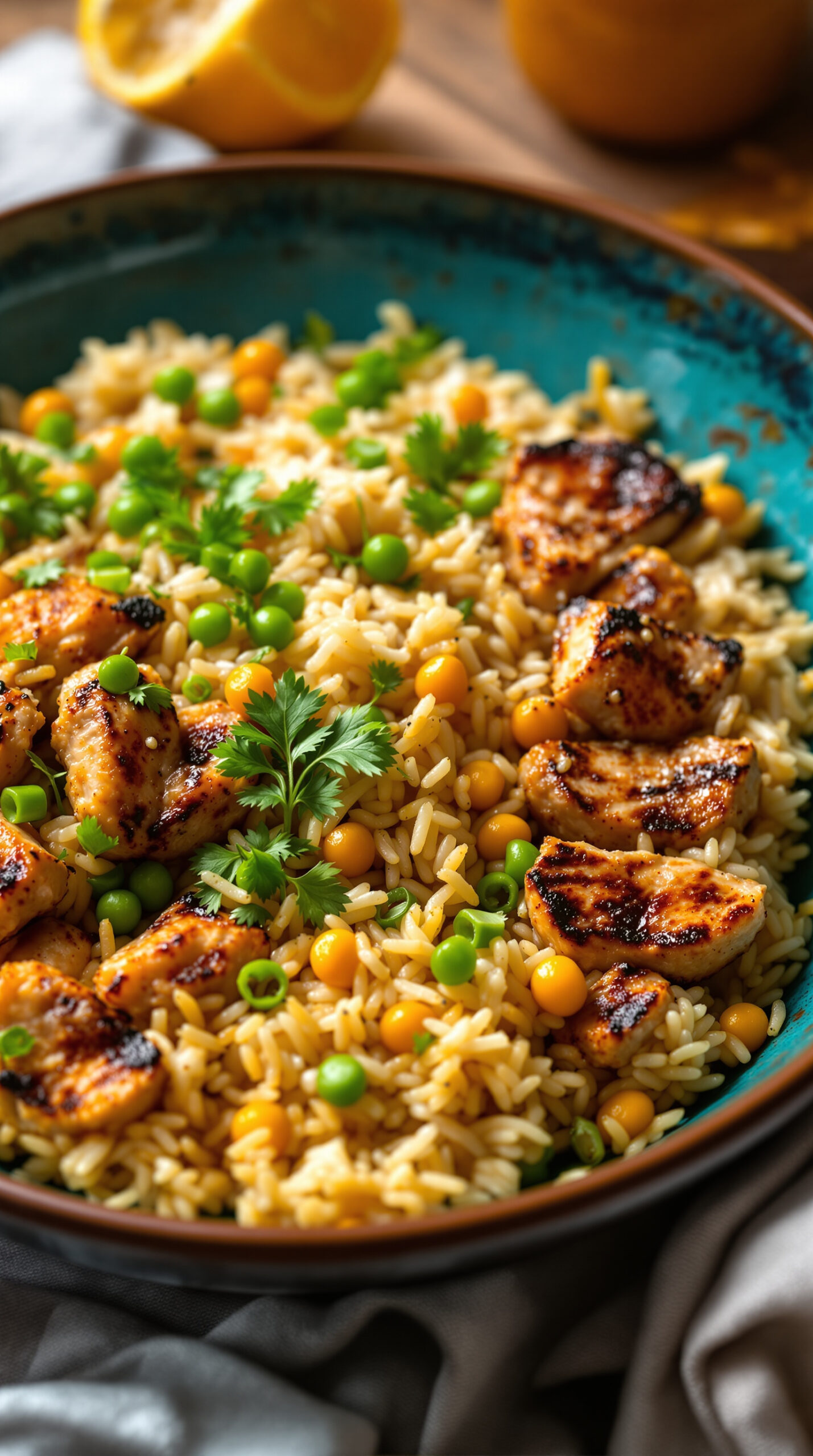 Assiette de riz et haricots fumants légèrement teintés par le lait de coco, avec viande grillée