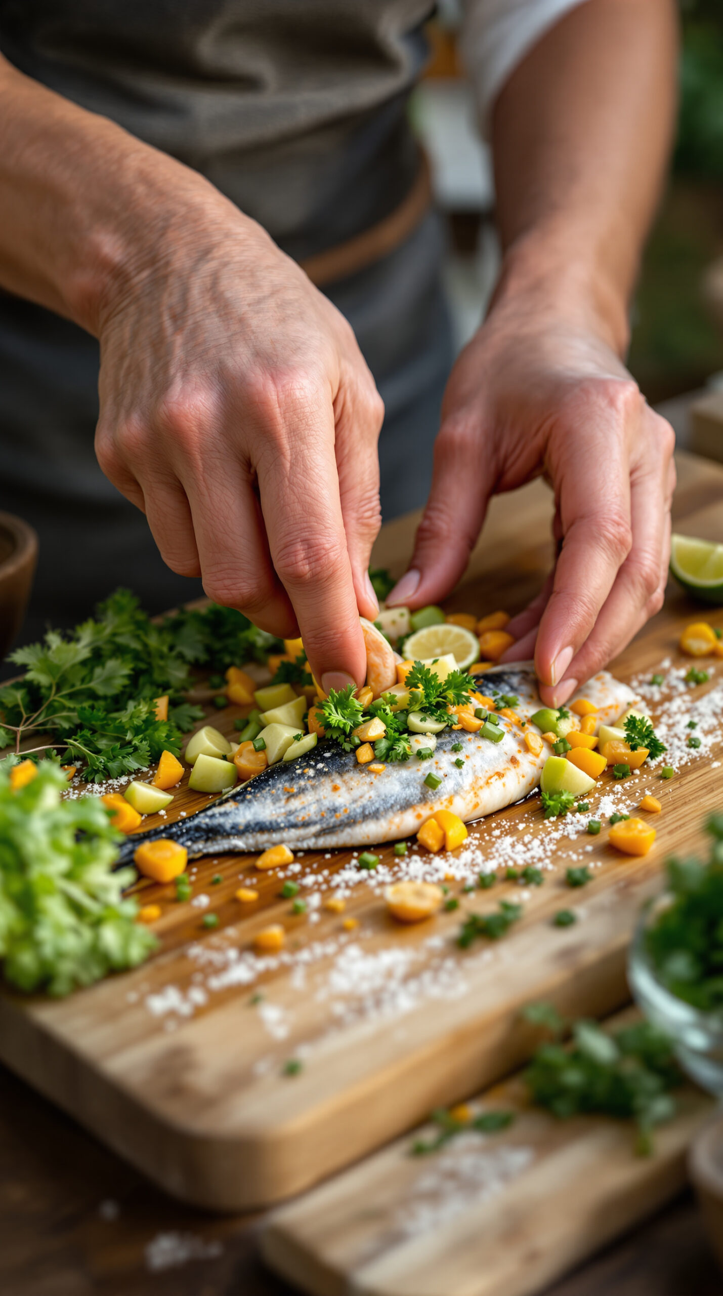Mains ajoutant des légumes émincés colorés à du poisson déjà mariné au citron vert