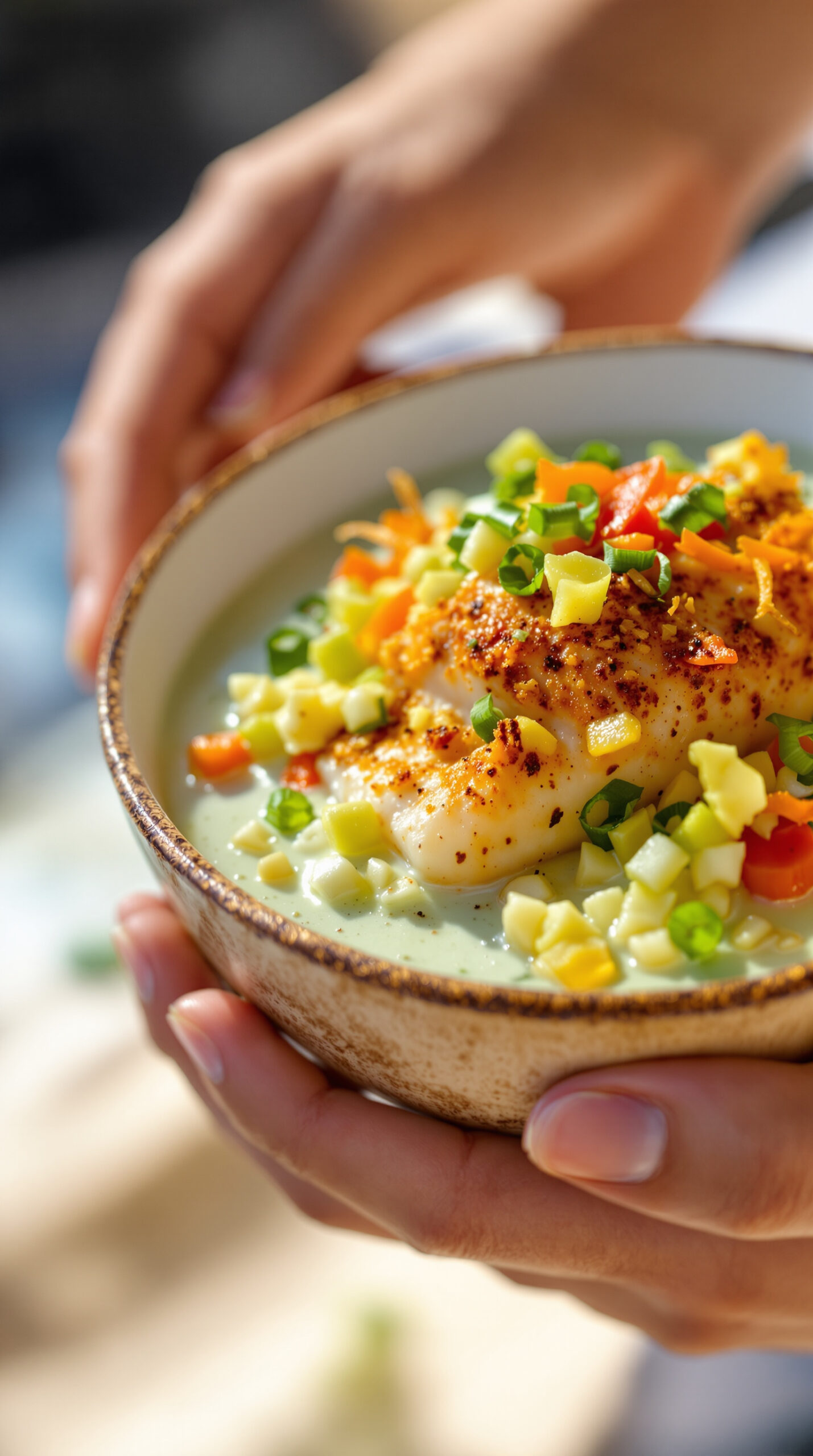 Poisson cru mariné au citron vert et au lait de coco mélangé à des légumes croquants dans une demi-noix de coco