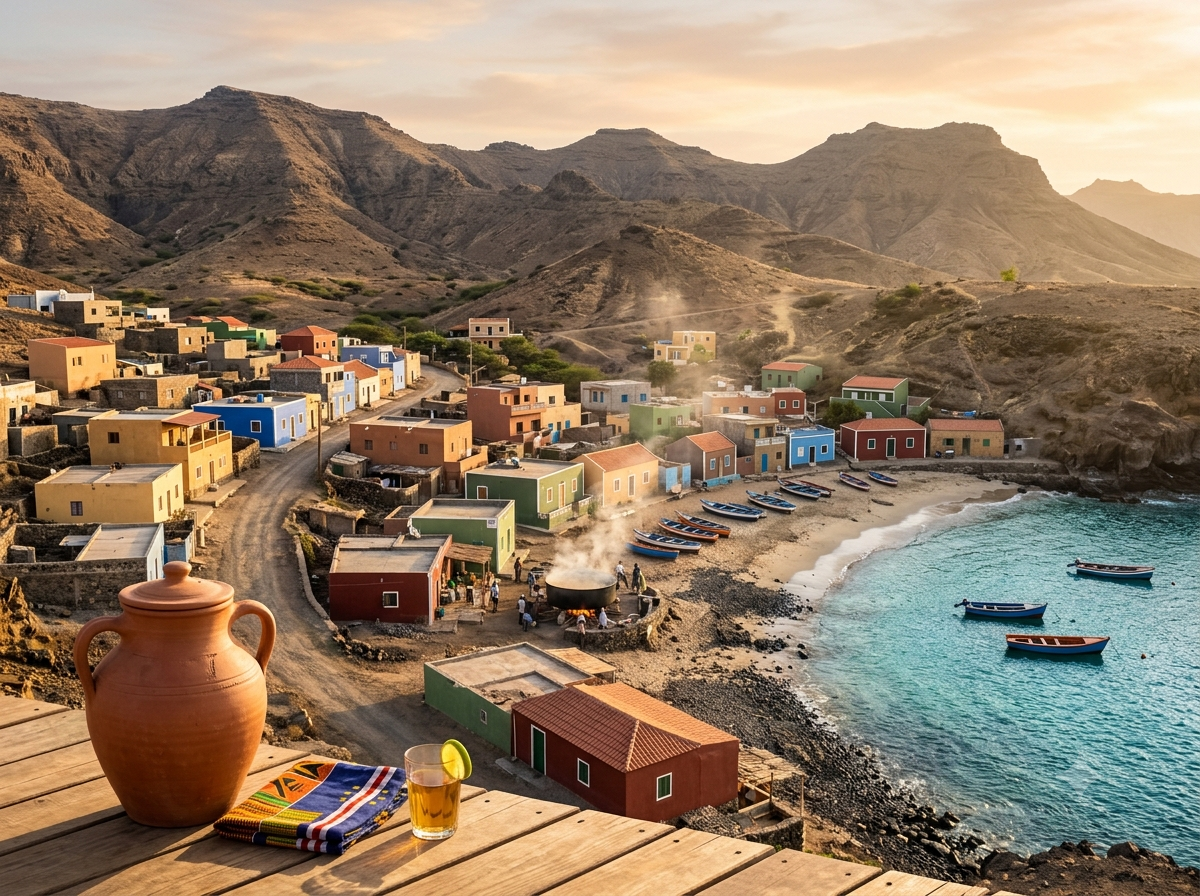 Village côtier coloré de l'île de Santiago au Cabo Verde avec collines volcaniques