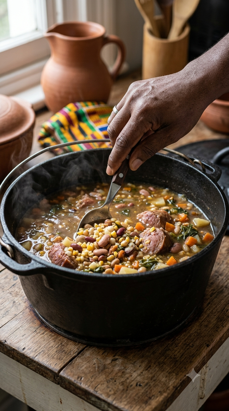 Main remuant du maïs concassé et des haricots dans une marmite remplie de bouillon parfumé