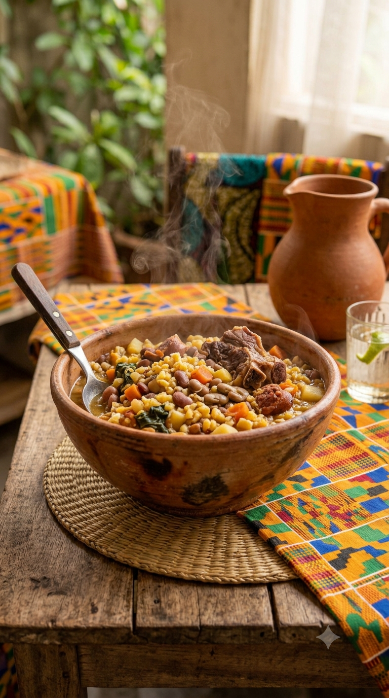 Bol de cachupa fumante avec grains de maïs concassé et haricots mêlés à des légumes et de la viande
