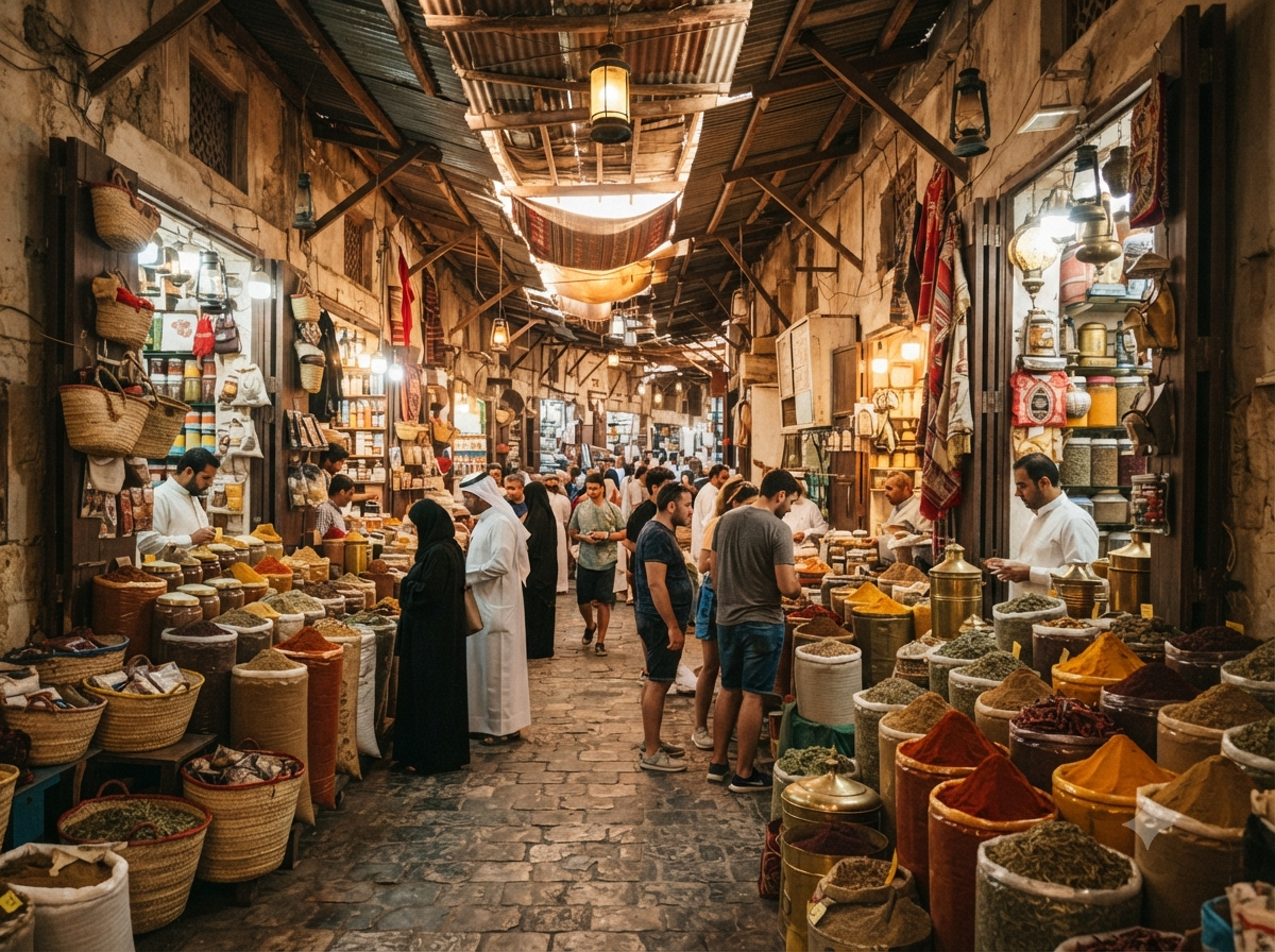 Souk traditionnel de Manama avec ruelles couvertes et étals d'épices colorées