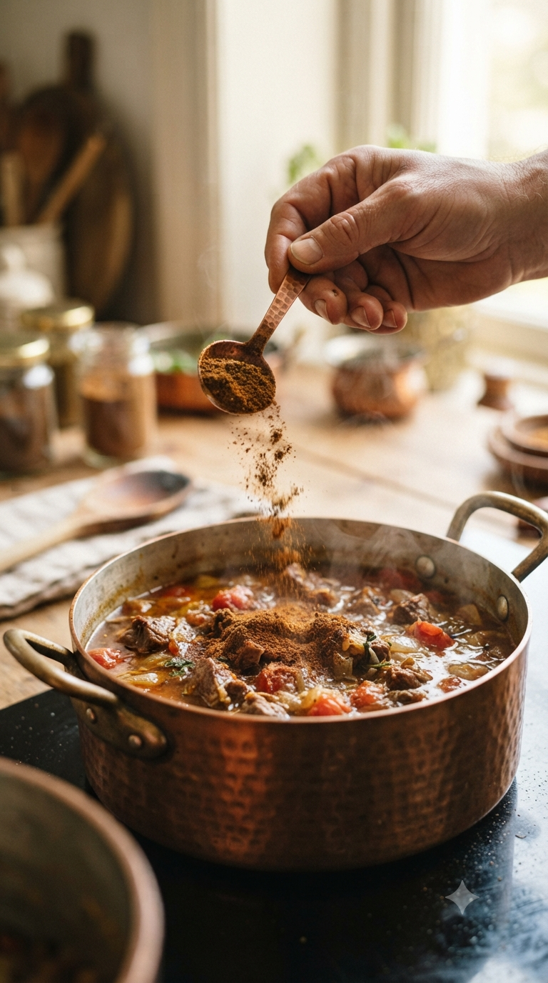 Main versant un mélange d'épices bezar sur de la viande mijotant dans une marmite