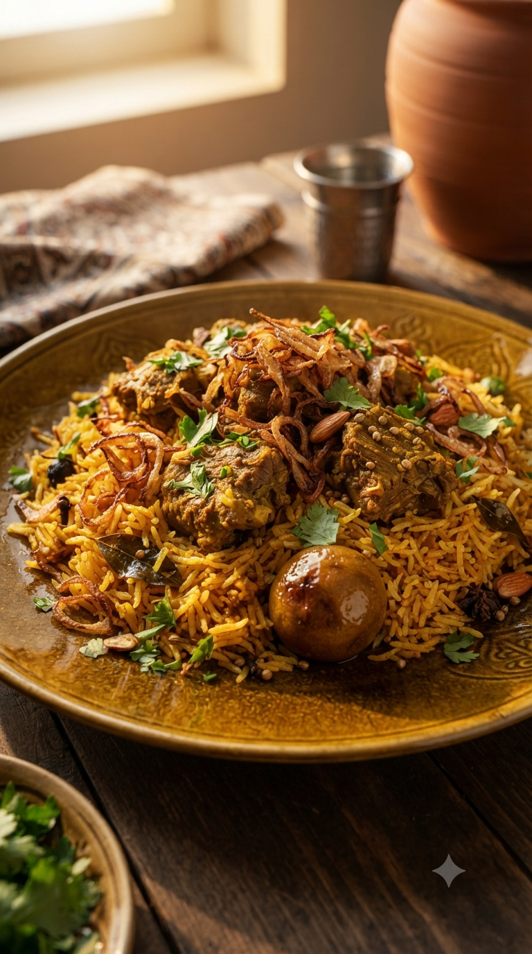 Machboos épicé, riz basmati teinté d'épices avec morceaux de viande mijotée et oignons frits