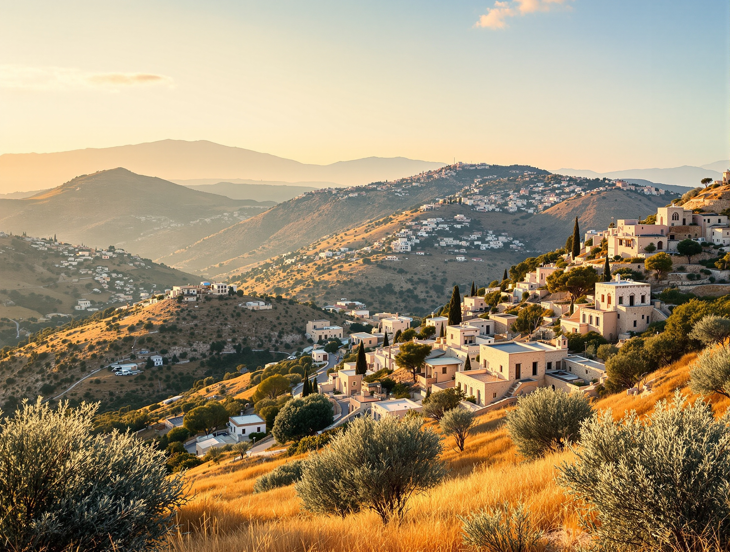 Village de montagne à Chypre entouré de collines d'oliviers