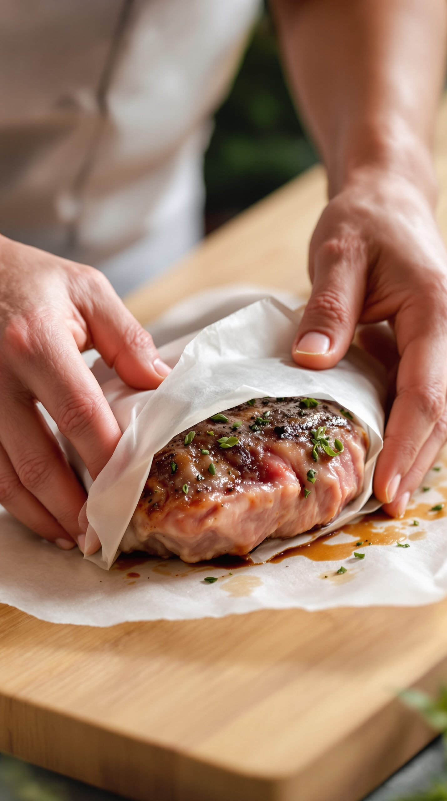 Mains enveloppant hermétiquement un morceau d'agneau mariné aux herbes dans du papier sulfurisé