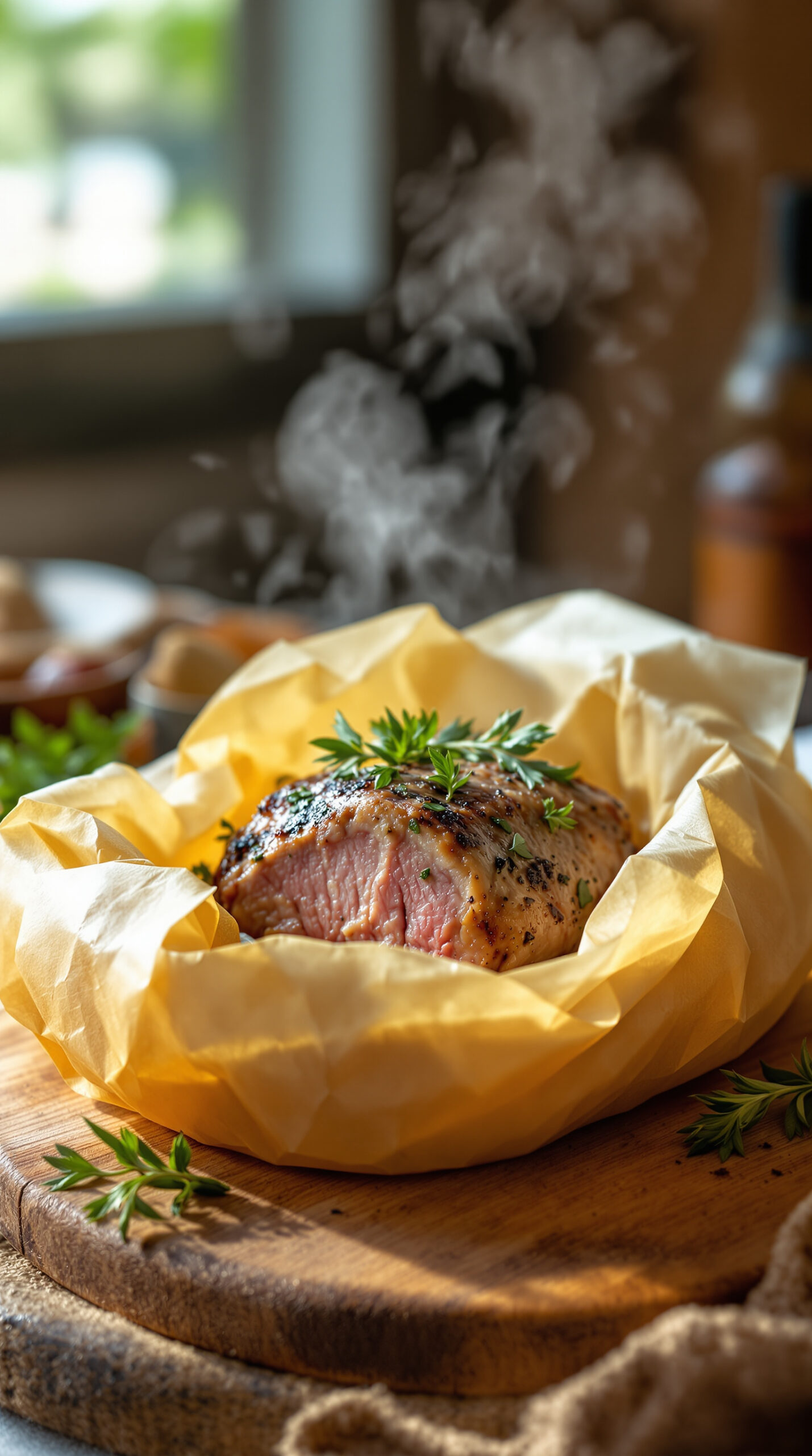 Papier sulfurisé entrouvert révélant de l'agneau kleftiko fumant et fondant