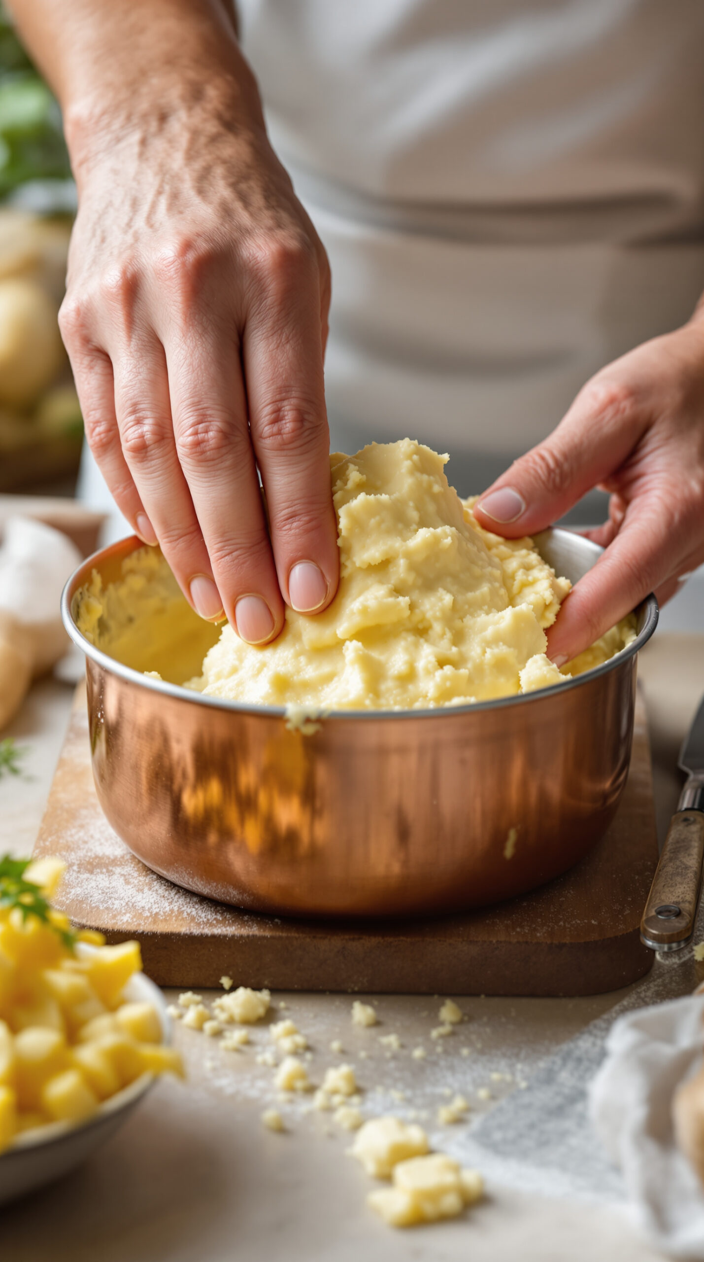 Mains versant une pâte de maïs et de fromage dans un moule en métal beurré