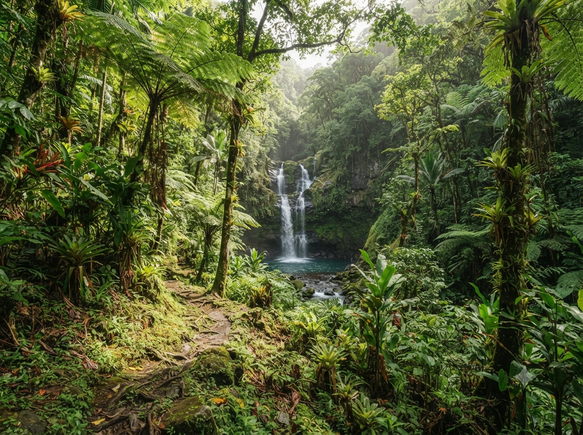 Forêt tropicale luxuriante de la Dominique avec cascade et végétation dense