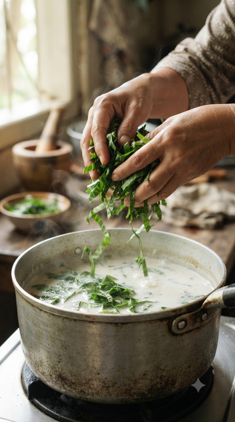 Mains ajoutant des feuilles de taro fraîchement ciselées dans une marmite de bouillon parfumé au lait de coco