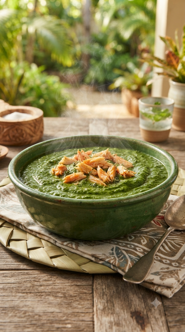 Bol de callaloo fumant, texture onctueuse et verte avec morceaux de crabe visibles