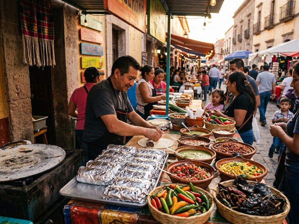 Stand de rue mexicain animé avec plusieurs burritos enveloppés dans du papier aluminium