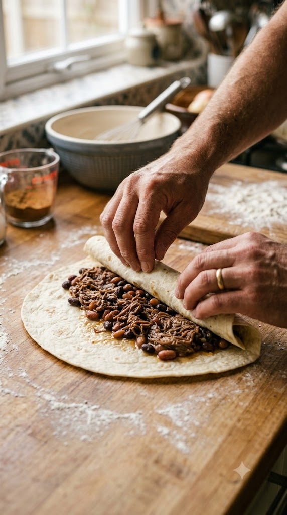 Mains repliant les bords d'une tortilla de blé garnie de bœuf effiloché avant de la rouler