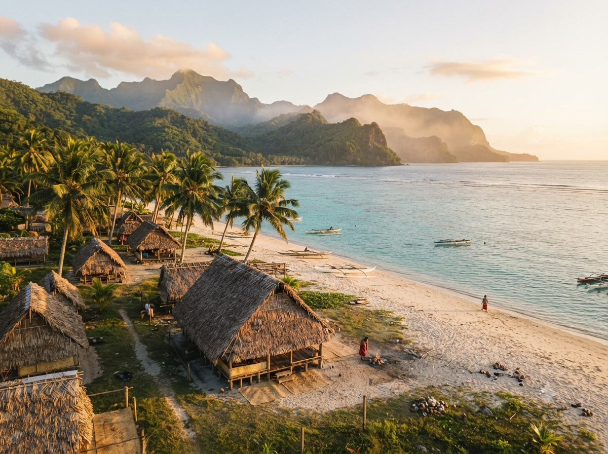 Village traditionnel des Samoa américaines en bord de plage avec fale ouverts et lagon turquoise