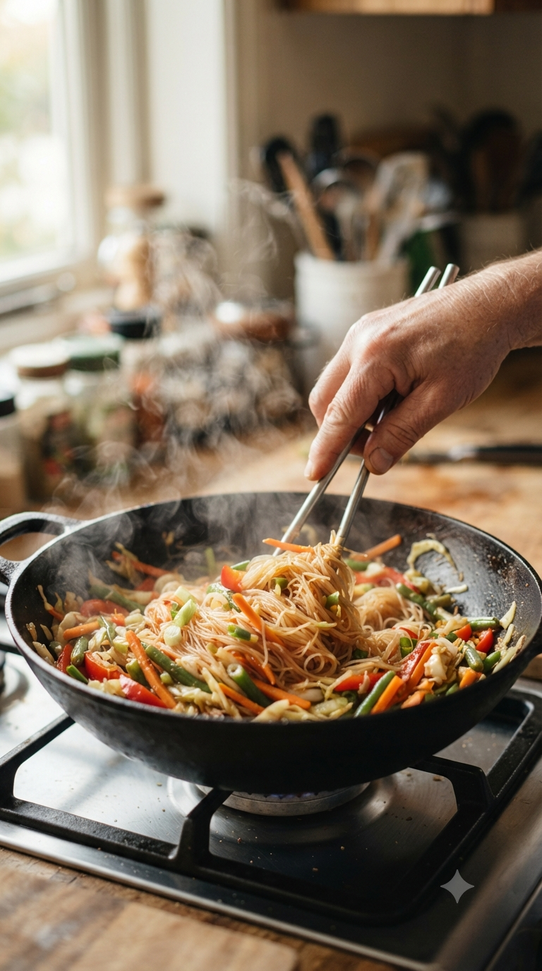 Main sautant des vermicelles de riz avec des légumes dans un wok fumant