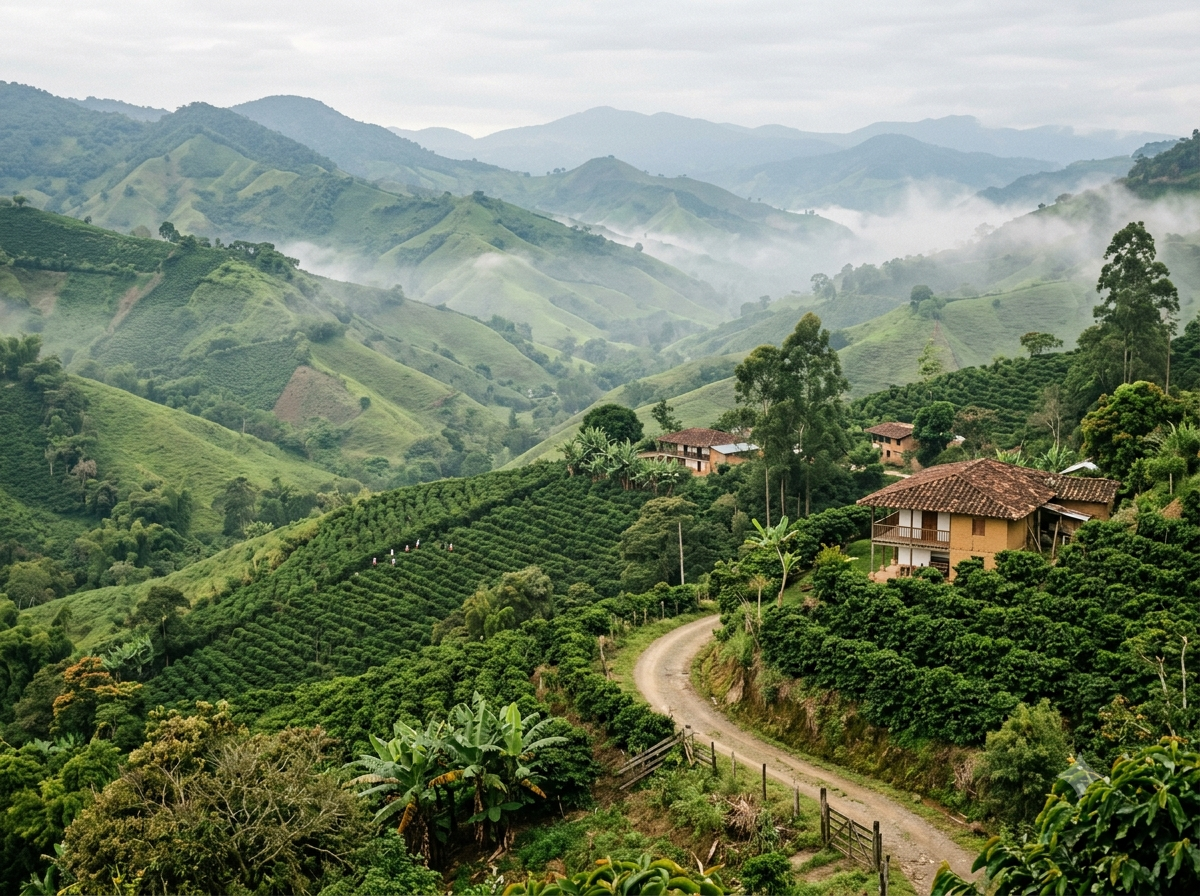 Collines verdoyantes plantées de cafeiers dans la Valle del Cauca colombienne