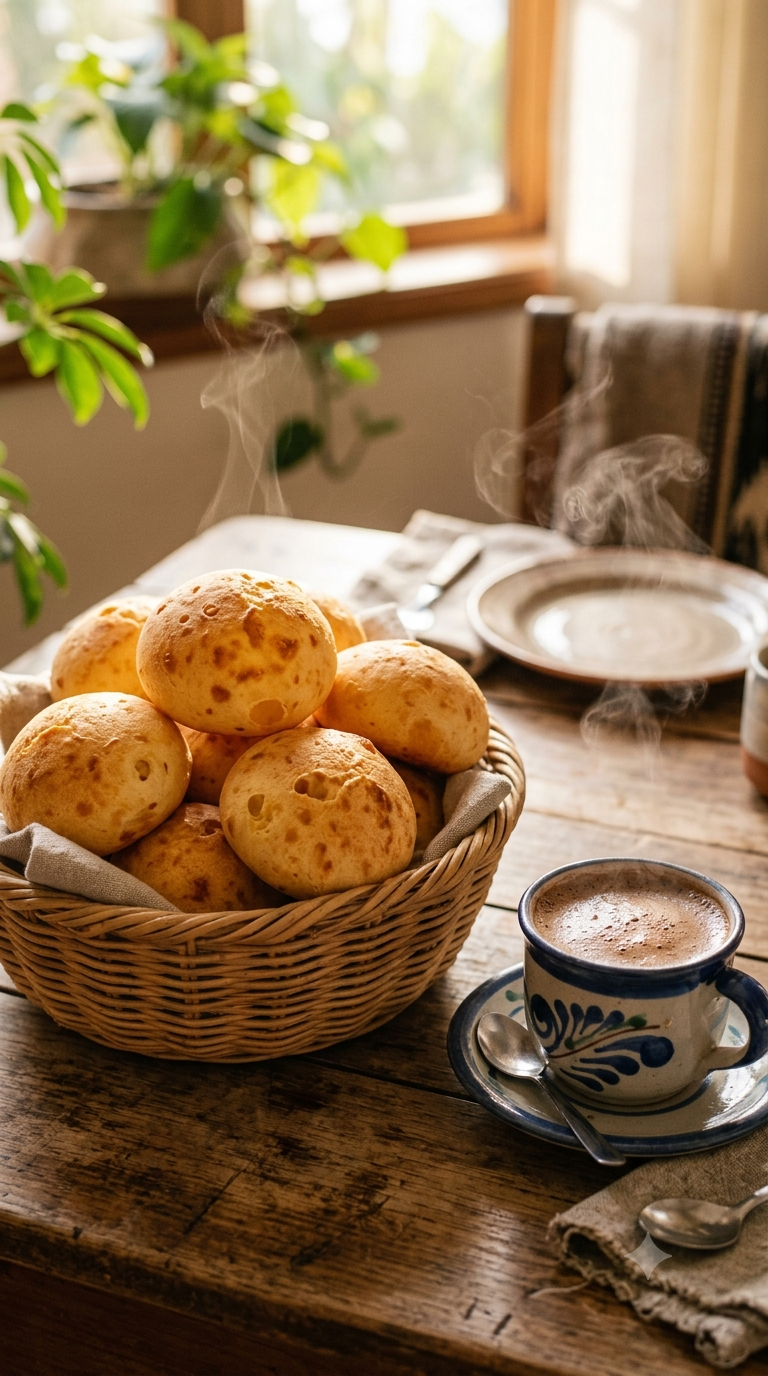 Panier de pandebonos dorés et gonflés tout juste sortis du four, avec un chocolat chaud