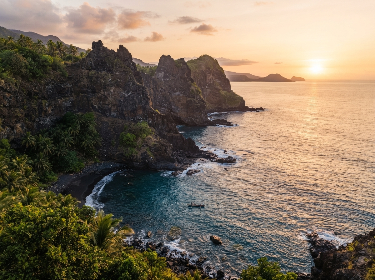 Côte volcanique des Comores avec falaises sombres surplombant l'océan Indien
