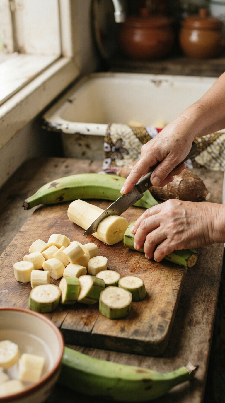 Mains coupant des bananes vertes et du manioc en morceaux réguliers sur une planche à découper