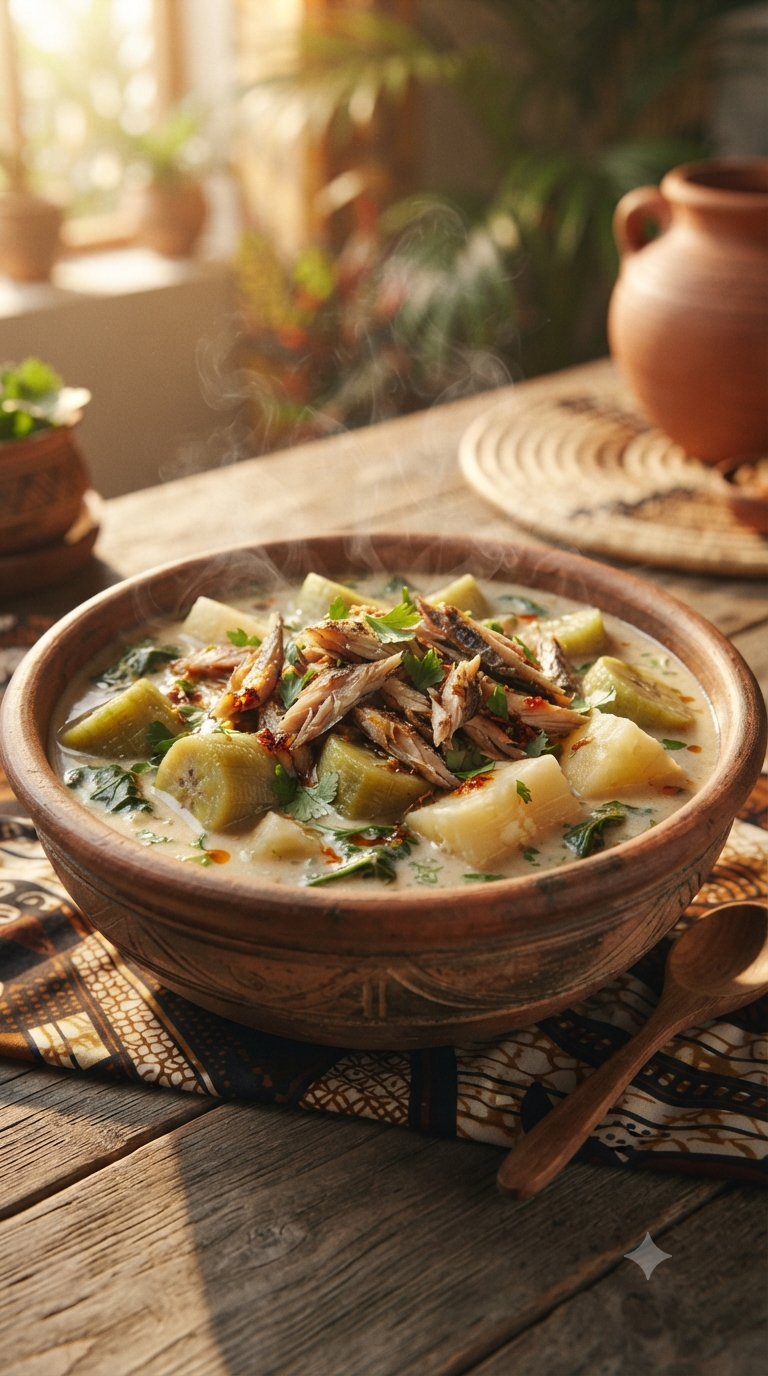 Bol de mtsolola fumant, morceaux de bananes vertes et de manioc dans un bouillon crémeux au lait de coco