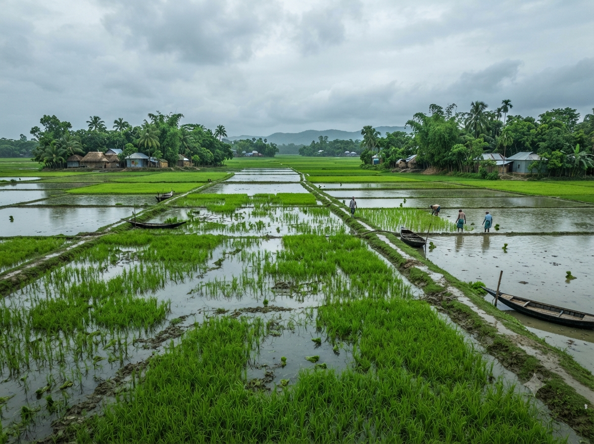 Rizières inondées du Bangladesh sous un ciel de mousson