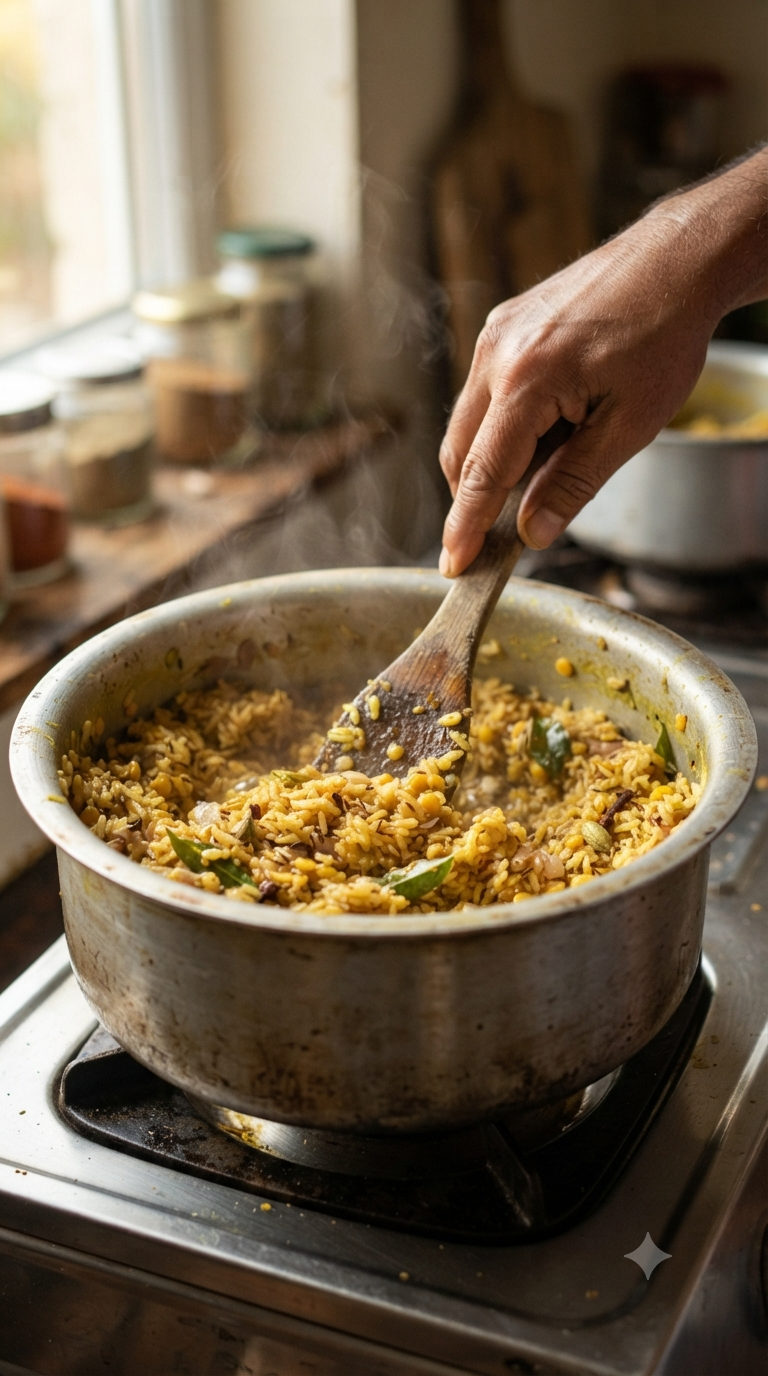 Main remuant du riz et des lentilles sautés dans du ghee avec des épices dans une marmite