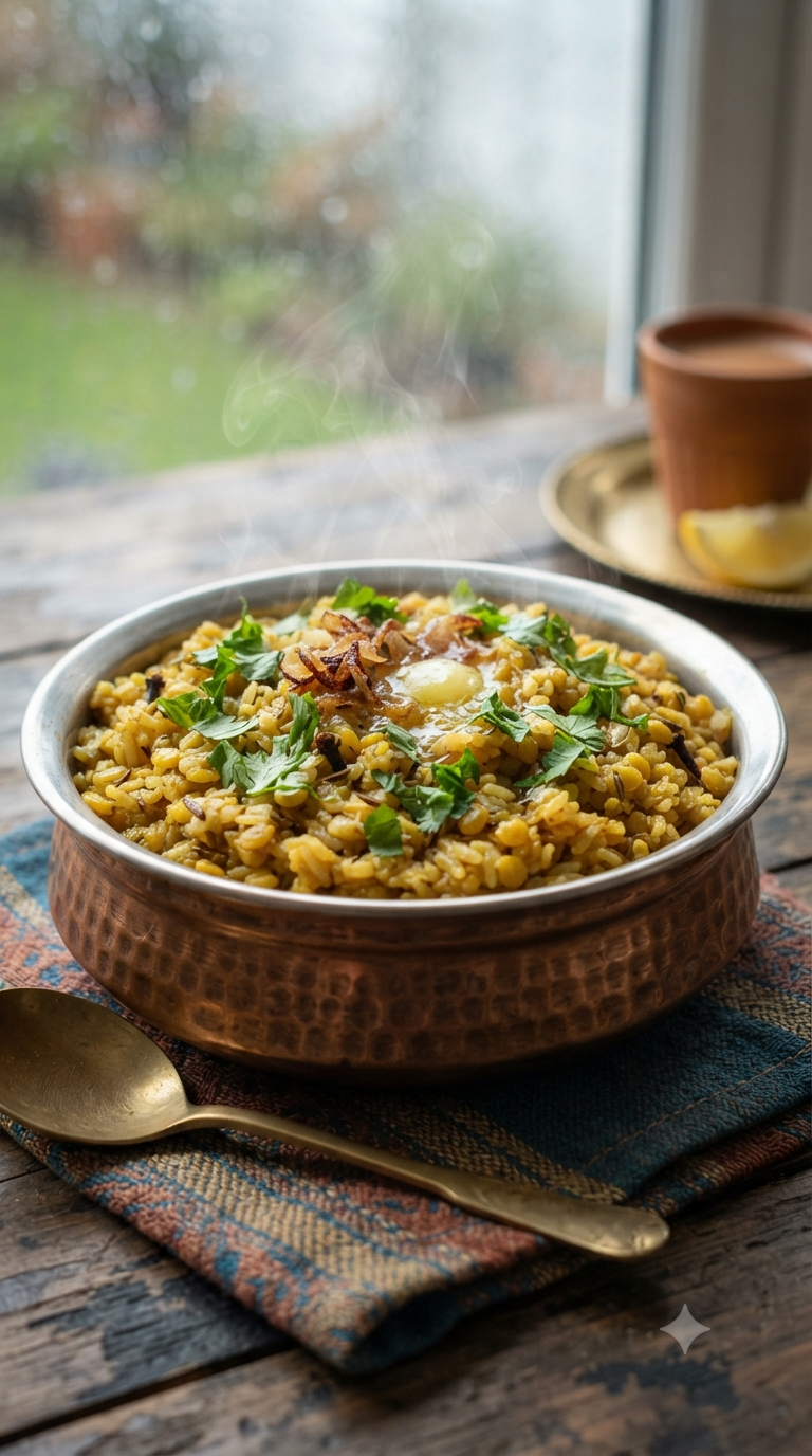 Bol en cuivre rempli de bhuna khichuri doré et fumant, grains de riz et lentilles parsemés de coriandre