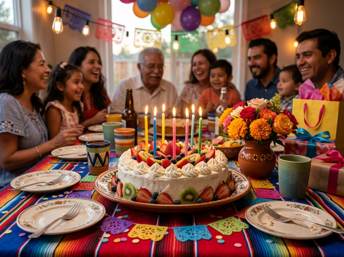 Table de fête familiale mexicaine avec un gâteau tres leches entier décoré de chantilly