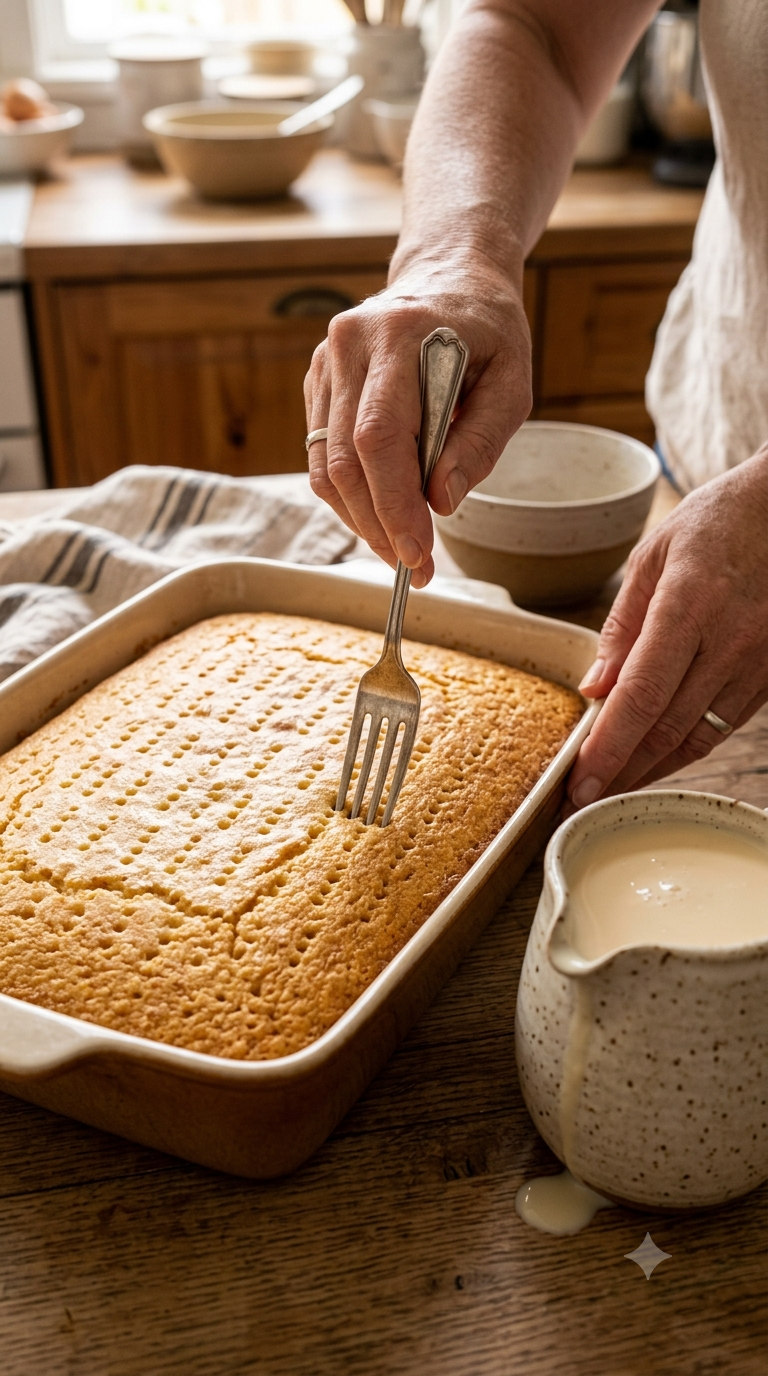 Mains perçant une génoise dorée à la fourchette avant l'imbibage aux trois laits