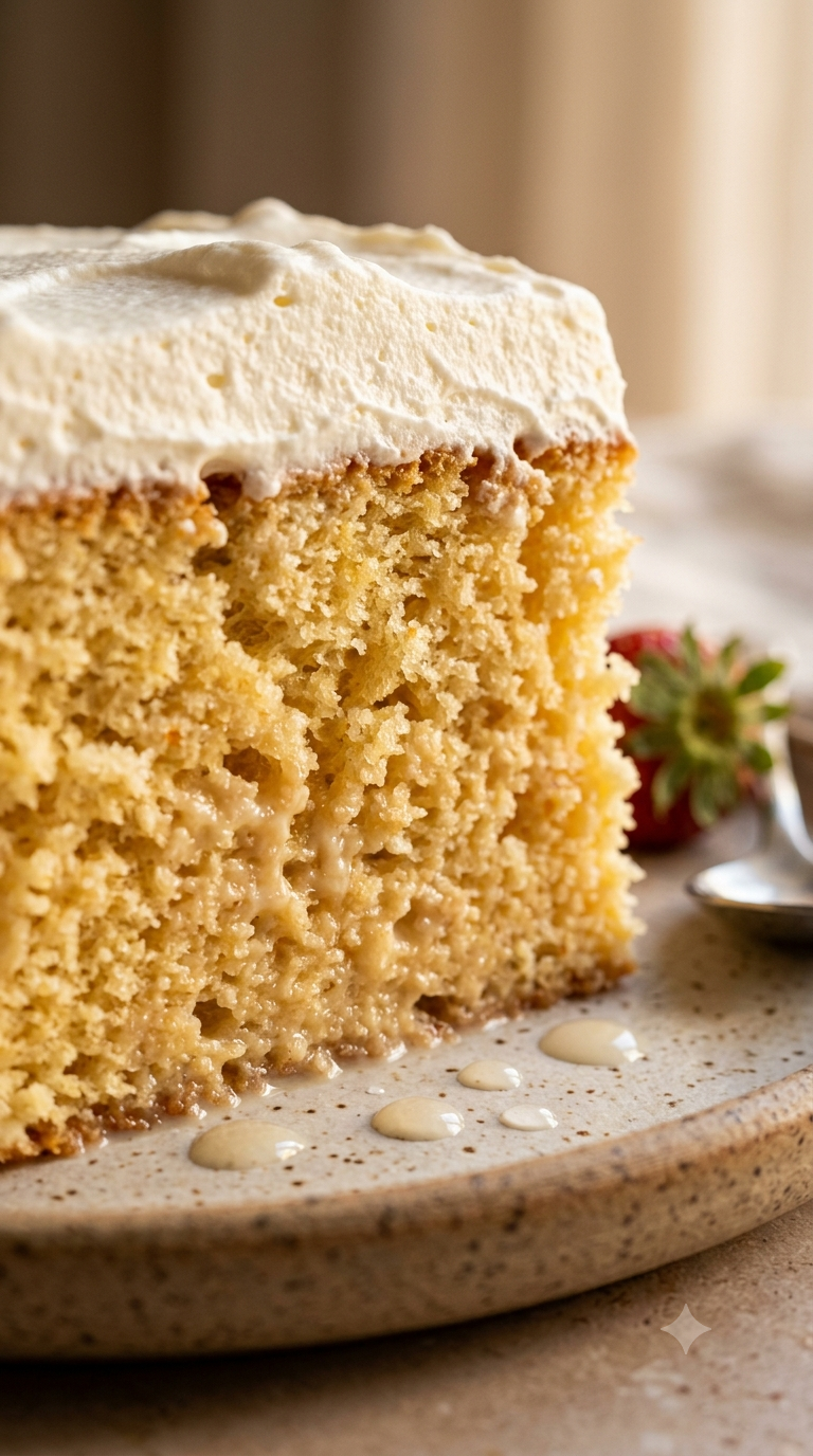 Part de gâteau tres leches, mie humide et dorée gorgée de lait, nappage de chantilly légère