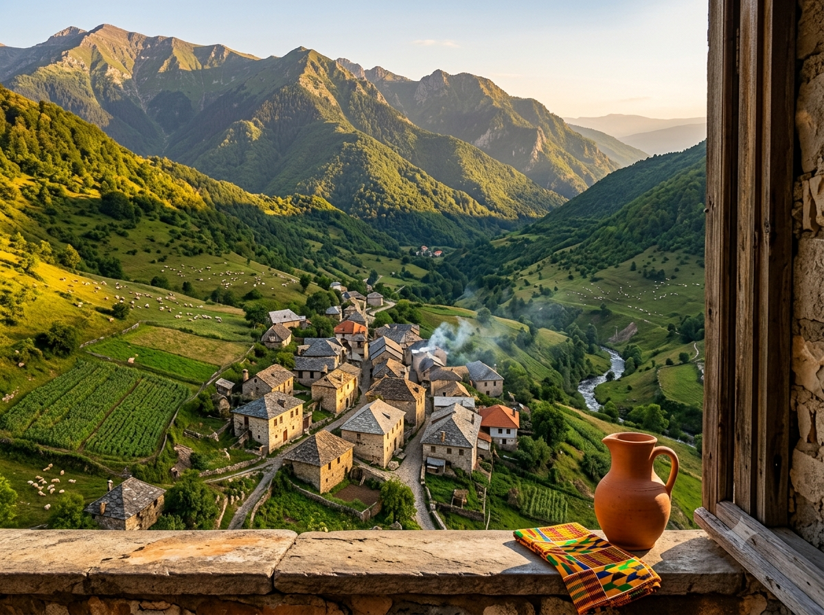 Montagnes verdoyantes du Kosovo avec village traditionnel en pierre nichée dans la vallée